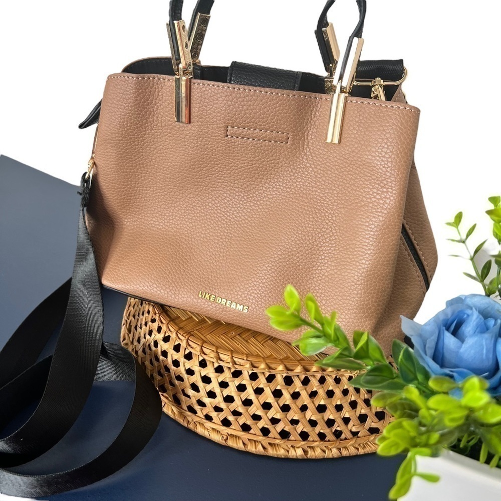 LIKE DREAMS Women Vegan Leather Detachable Strap Bucket Crossbody Bag Camel - Picture 4 of 16